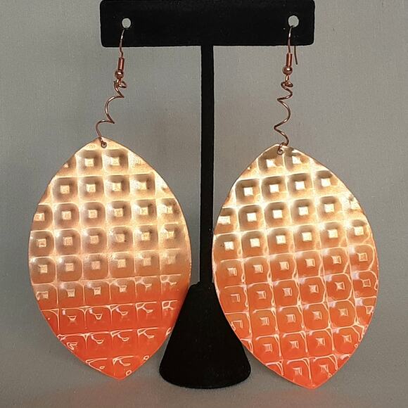 Jumbo Dangle Drop Earrings Textured Metallic To Neon Orange Ombre Plates Pierced - Picture 2 of 7